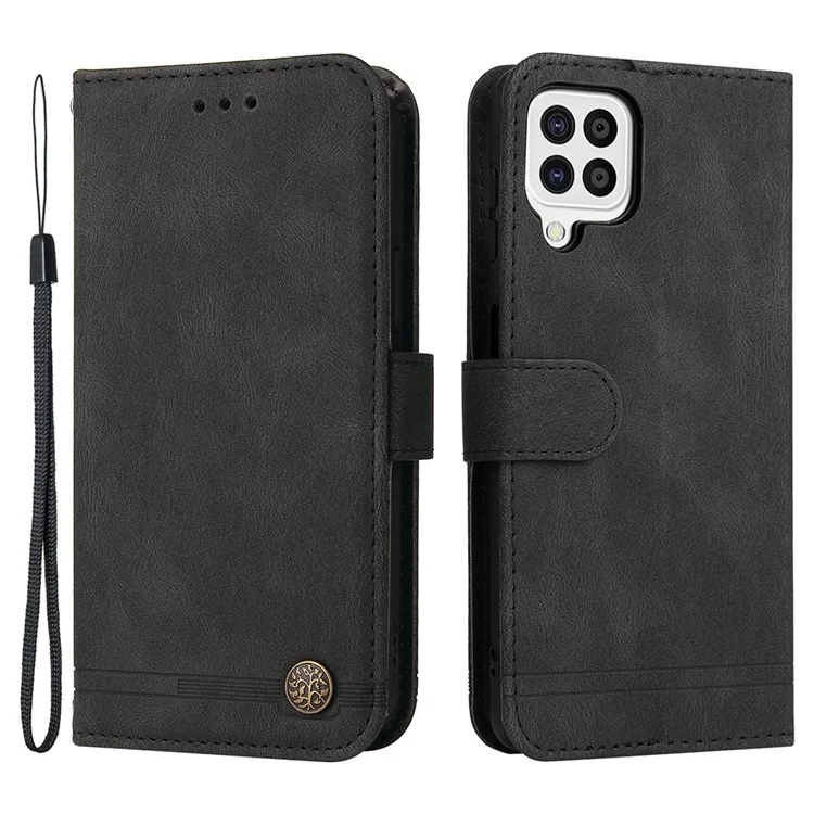 Padrão de Árvore Metal Button Flip Phone Case PU Caarela Causta de Catura Para Samsung Galaxy A22 4G (versão da Ue) / M22 - Preto