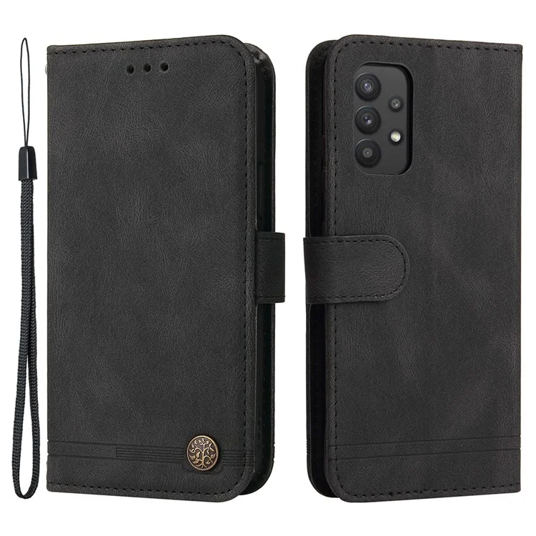 Per Samsung Galaxy A32 4G (versione EU) Supporto Stand Design Motivo Albero Pulsante Metallo Flip Phone Case PU Pelle Portafoglio Stand Cover - Nero