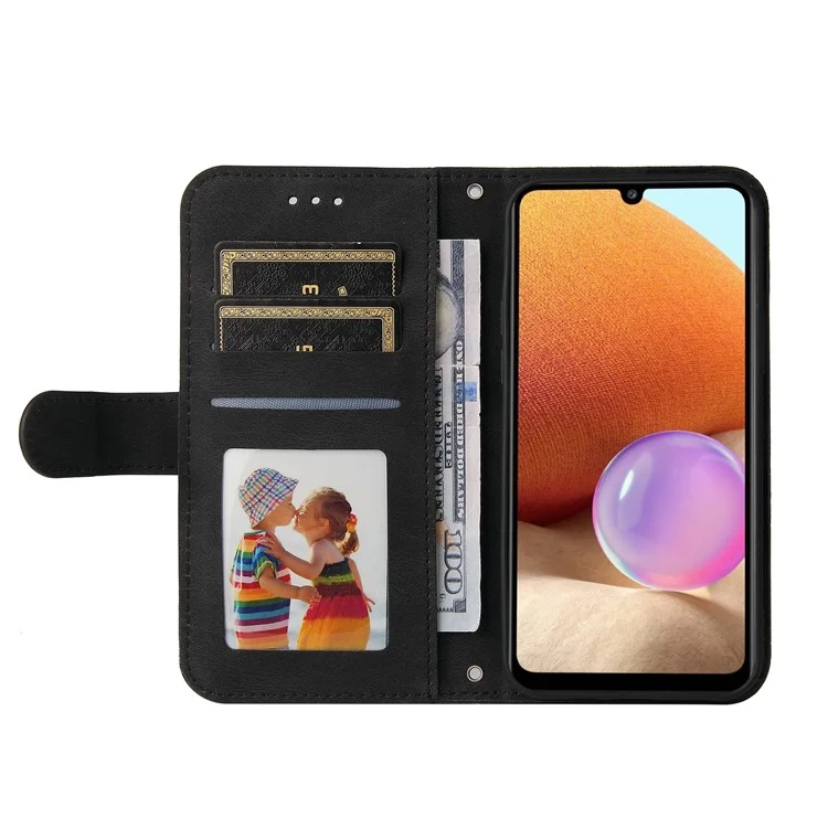 Per Samsung Galaxy A32 4G (versione EU) Supporto Stand Design Motivo Albero Pulsante Metallo Flip Phone Case PU Pelle Portafoglio Stand Cover - Nero