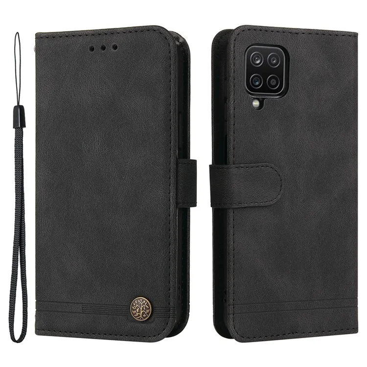 Scratch Resistant Tree Pattern Metal Button Flip Phone Case PU Leather Wallet Stand Cover for Samsung Galaxy F12/M12/A12 - Black