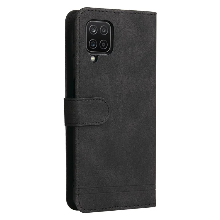For Samsung Galaxy F12 / M12 / A12 Leather Wallet Cases Skin Touch Phone Cover Stand with Strap - Black