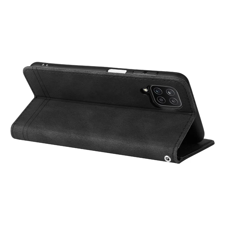 For Samsung Galaxy F12 / M12 / A12 Leather Wallet Cases Skin Touch Phone Cover Stand with Strap - Black