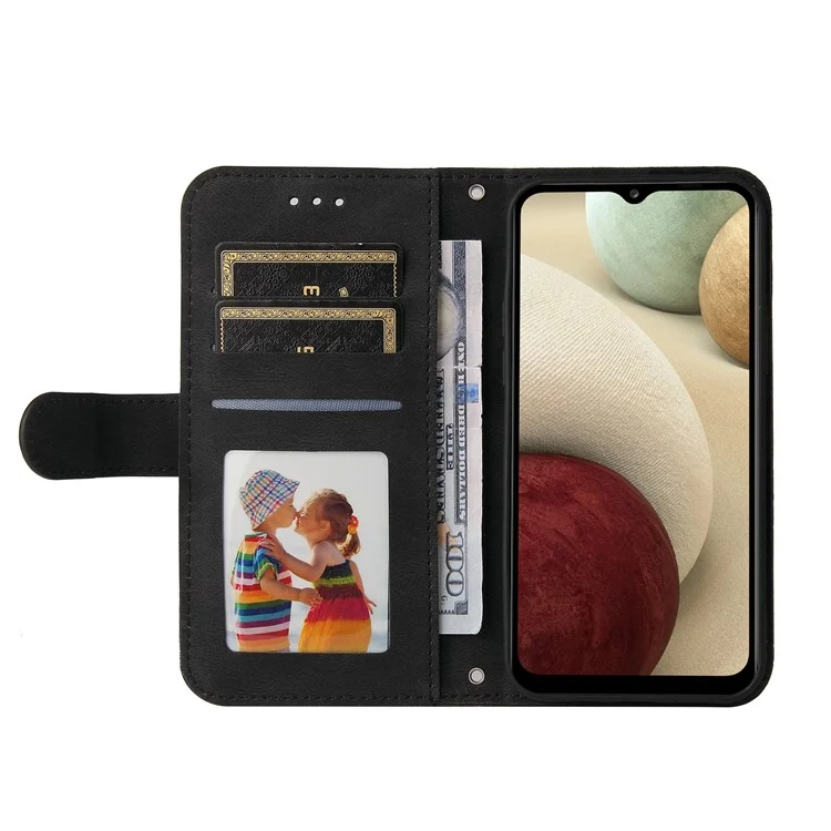 For Samsung Galaxy F12 / M12 / A12 Leather Wallet Cases Skin Touch Phone Cover Stand with Strap - Black