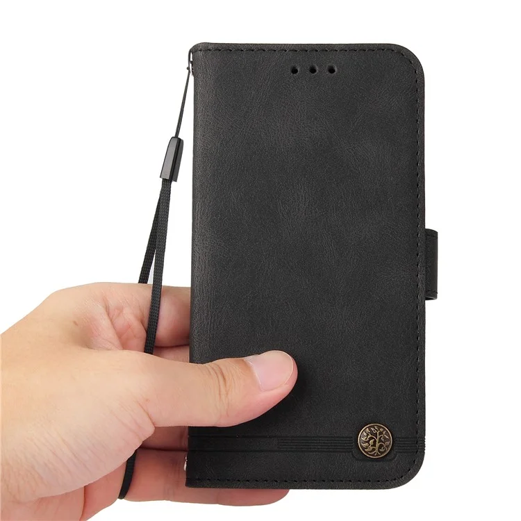 Scratch Resistant Tree Pattern Metal Button Flip Phone Case PU Leather Wallet Stand Cover for Samsung Galaxy F12/M12/A12 - Black