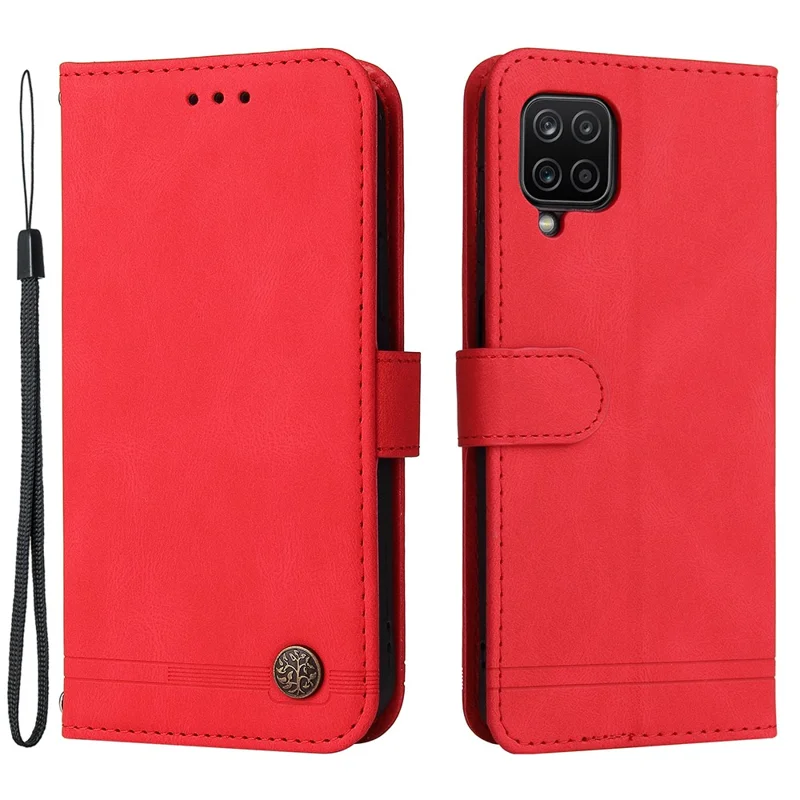 For Samsung Galaxy F12 / M12 / A12 Leather Wallet Cases Skin Touch Phone Cover Stand with Strap - Red