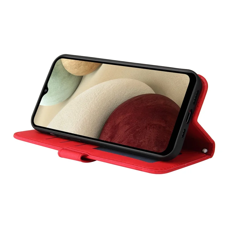 For Samsung Galaxy F12 / M12 / A12 Leather Wallet Cases Skin Touch Phone Cover Stand with Strap - Red