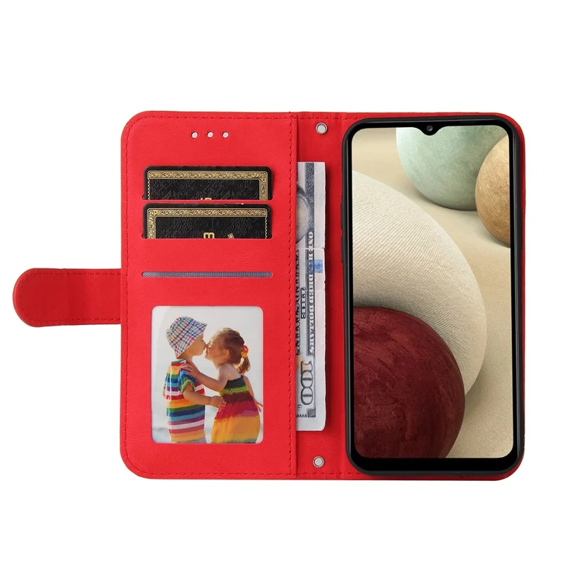 For Samsung Galaxy F12 / M12 / A12 Leather Wallet Cases Skin Touch Phone Cover Stand with Strap - Red