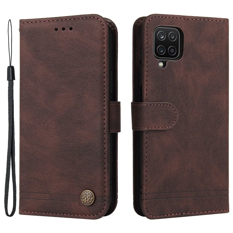 For Samsung Galaxy F12 / M12 / A12 Leather Wallet Cases Skin Touch Phone Cover Stand with Strap - Brown