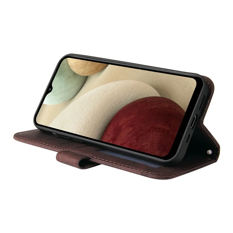 For Samsung Galaxy F12 / M12 / A12 Leather Wallet Cases Skin Touch Phone Cover Stand with Strap - Brown