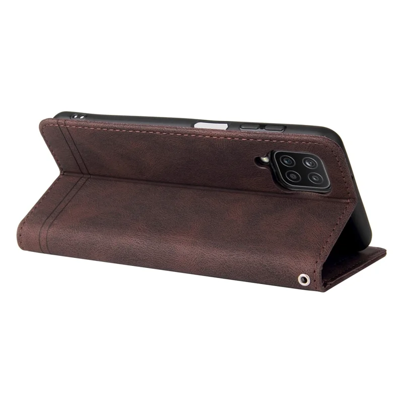 For Samsung Galaxy F12 / M12 / A12 Leather Wallet Cases Skin Touch Phone Cover Stand with Strap - Brown