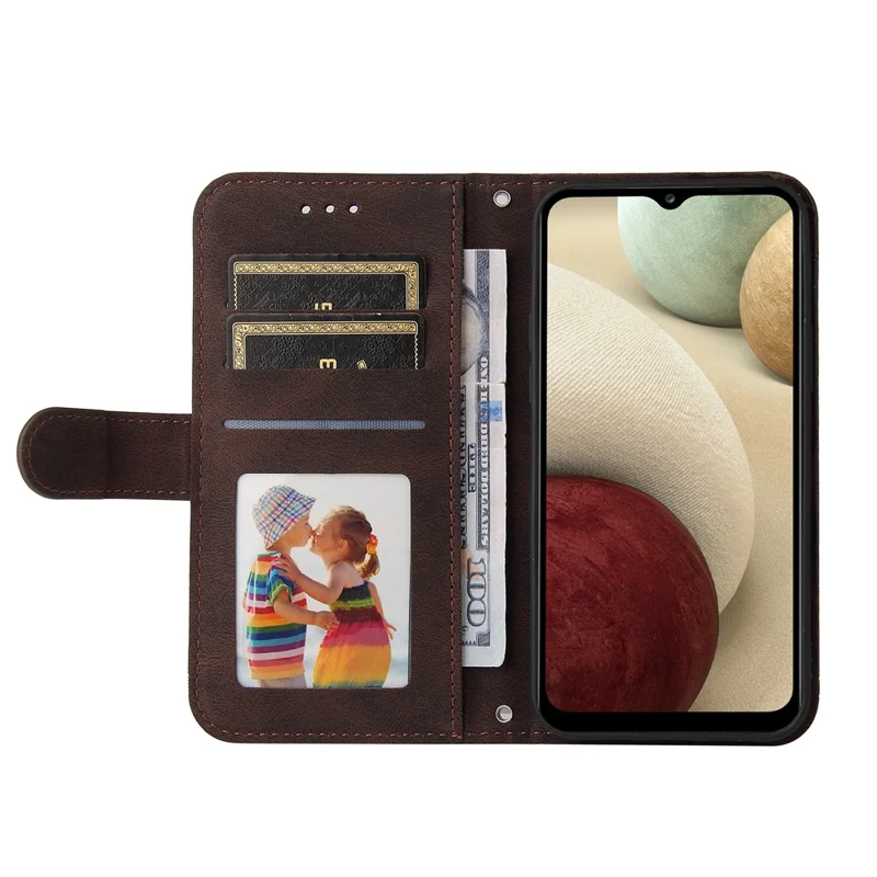 For Samsung Galaxy F12 / M12 / A12 Leather Wallet Cases Skin Touch Phone Cover Stand with Strap - Brown