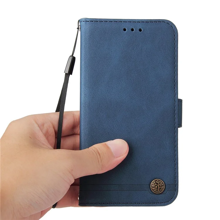 Scratch Resistant Tree Pattern Metal Button Flip Phone Case PU Leather Wallet Stand Cover for Samsung Galaxy F12/M12/A12 - Blue