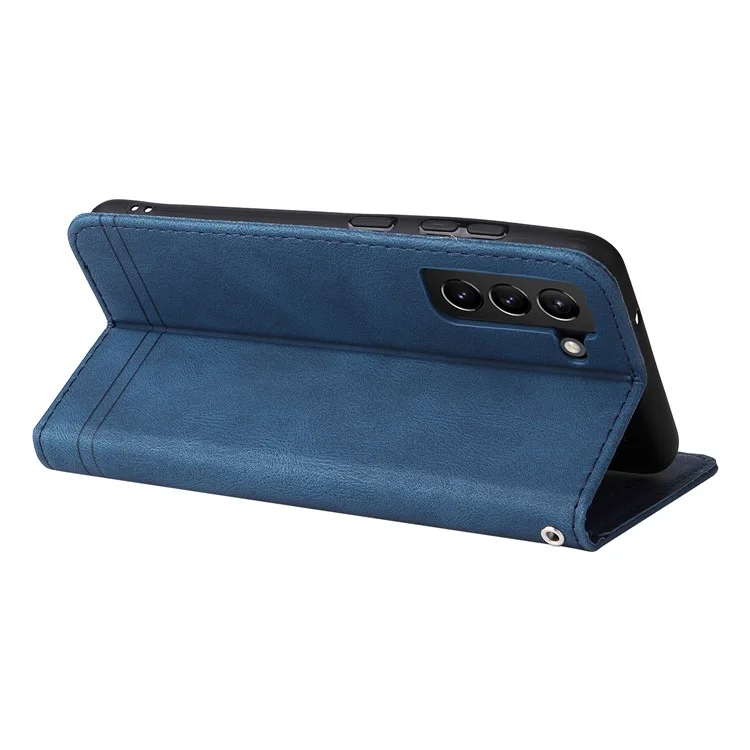 For Samsung Galaxy S21 FE 5G Leather Wallet Cases Skin Touch Phone Cover Stand with Strap - Blue