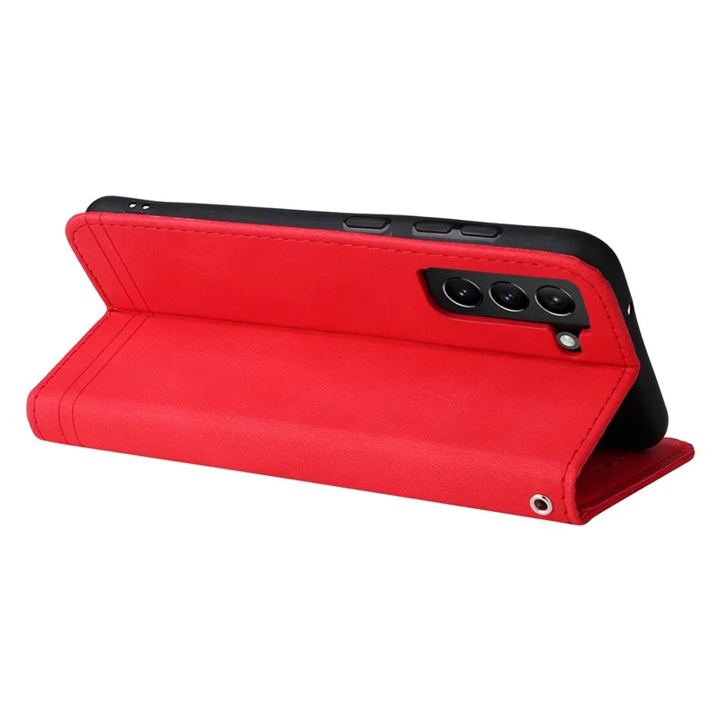 For Samsung Galaxy S21 FE 5G Leather Wallet Cases Skin Touch Phone Cover Stand with Strap - Red