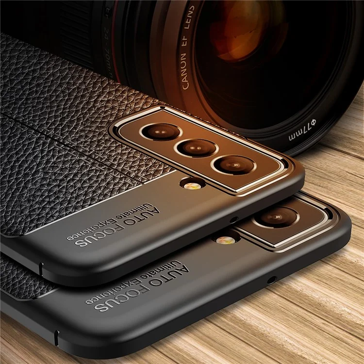 Litchi Skin Cellphone Back Case TPU Shell for Samsung Galaxy S22+ 5G - Black