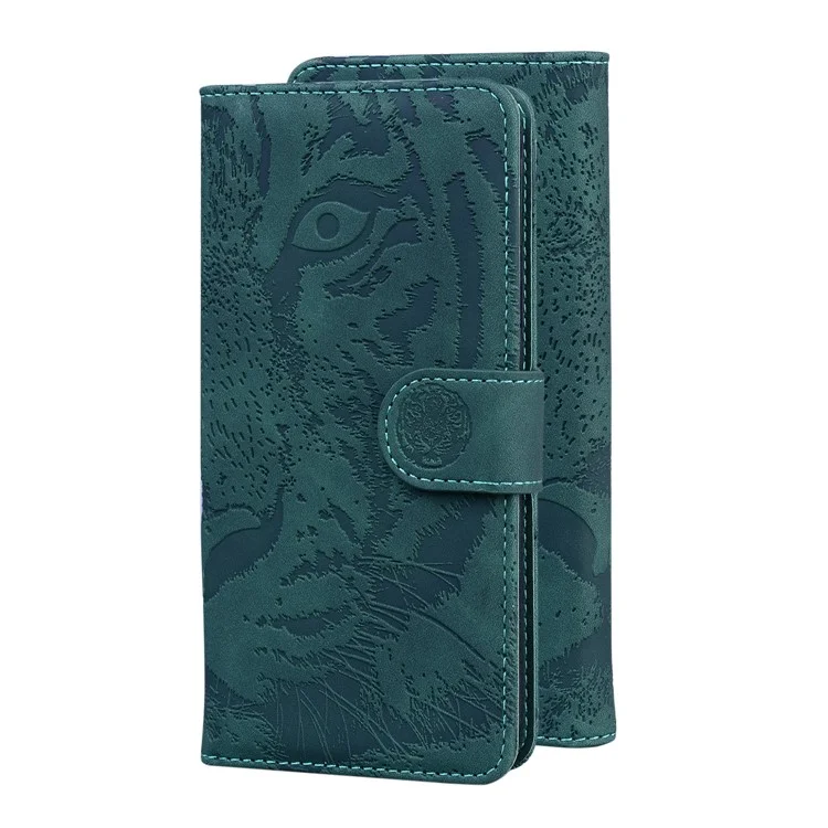 Big Tiger Imprint Pattern Shockproof PU Leather and TPU Phone Flip Case Wallet Stand Cover for Samsung Galaxy F22 - Green