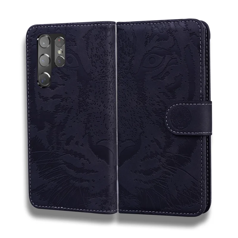 Tiger Pattern Imprinted Magnetic Clasp Leather Phone Case Stand Wallet Cover for Samsung Galaxy S22 Ultra - Black