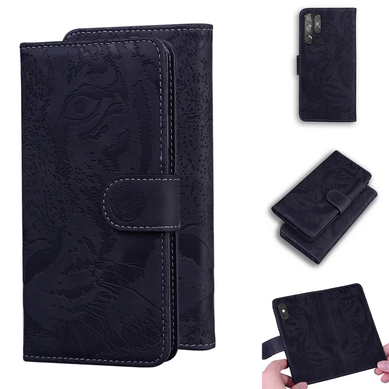Tiger Pattern Imprinted Magnetic Clasp Leather Phone Case Stand Wallet Cover for Samsung Galaxy S22 Ultra - Black