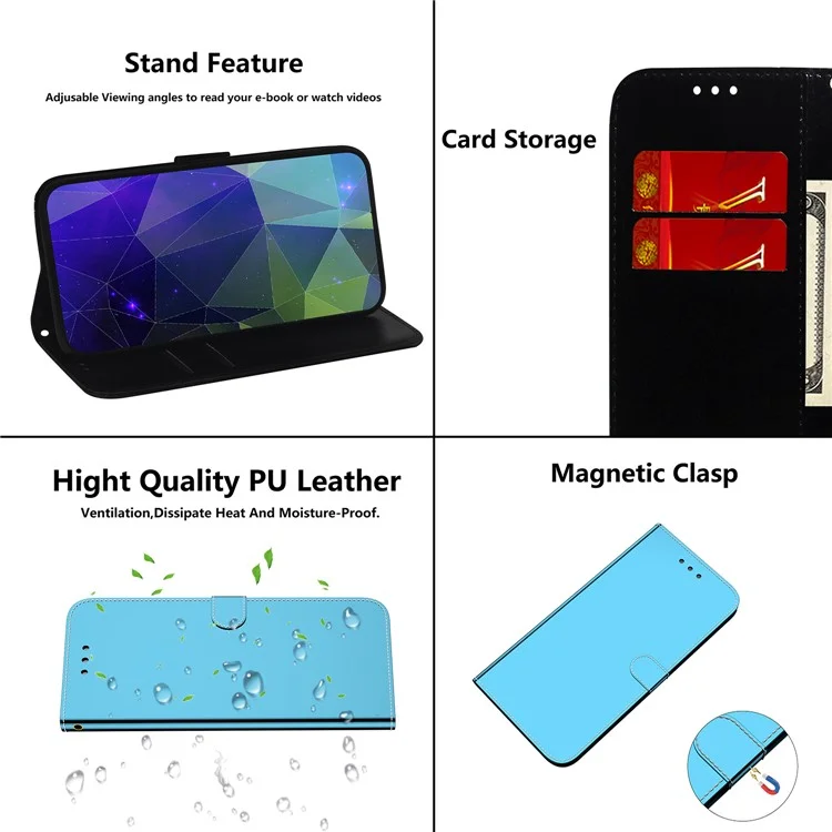 Strap Princet Anti-drop Anti-drop Résistant Aux Rayures Mirror de Surface Boîtier de Support Case de Cuir Pour Samsung Galaxy M32 (version Globale) - Bleu