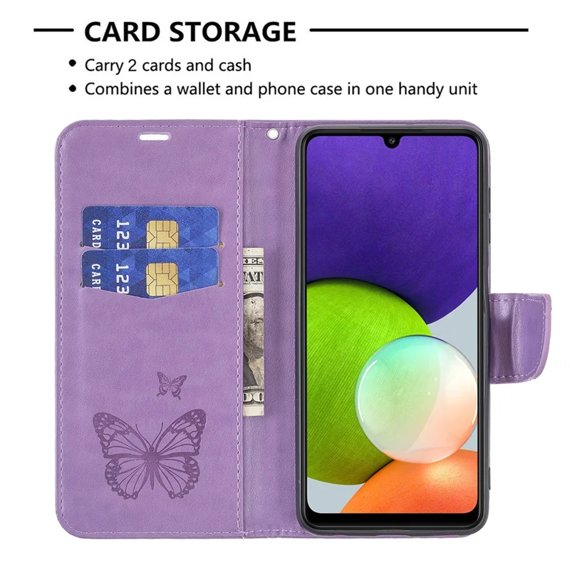 جراب جلد بتصميم فراشات منقوش مع محفظة وحامل وشريط معصم لهاتف Samsung Galaxy A22 4G (النسخة الأوروبية) - أرجواني