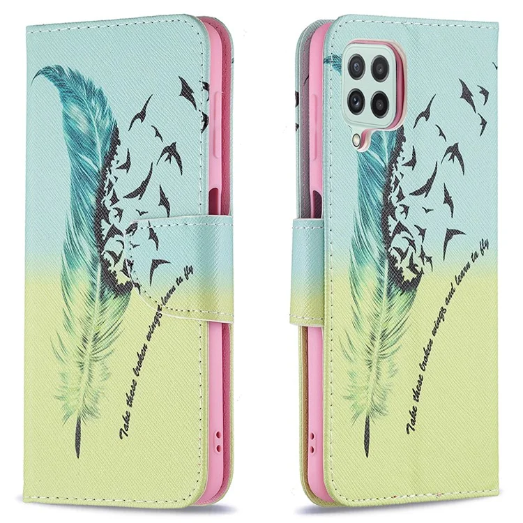 Wallet Stand Pattern Printing PU Leather Protective Phone Case Cover for Samsung Galaxy A22 4G (EU Version) - Feather and Birds