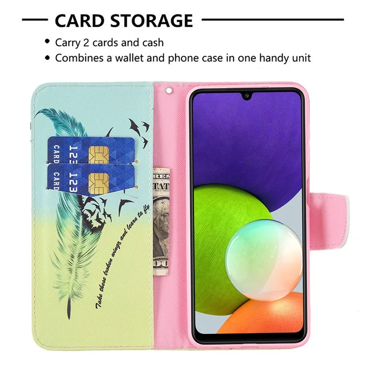 Wallet Stand Pattern Printing PU Leather Protective Phone Case Cover for Samsung Galaxy A22 4G (EU Version) - Feather and Birds