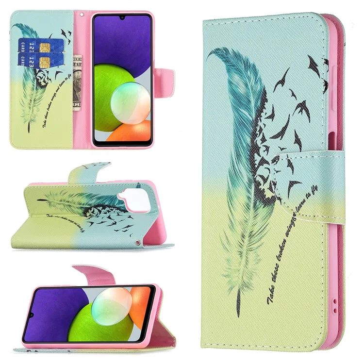 Wallet Stand Pattern Printing PU Leather Protective Phone Case Cover for Samsung Galaxy A22 4G (EU Version) - Feather and Birds