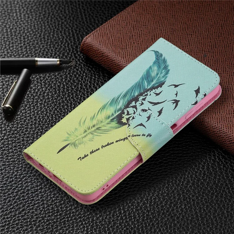 Wallet Stand Pattern Printing PU Leather Protective Phone Case Cover for Samsung Galaxy A22 4G (EU Version) - Feather and Birds