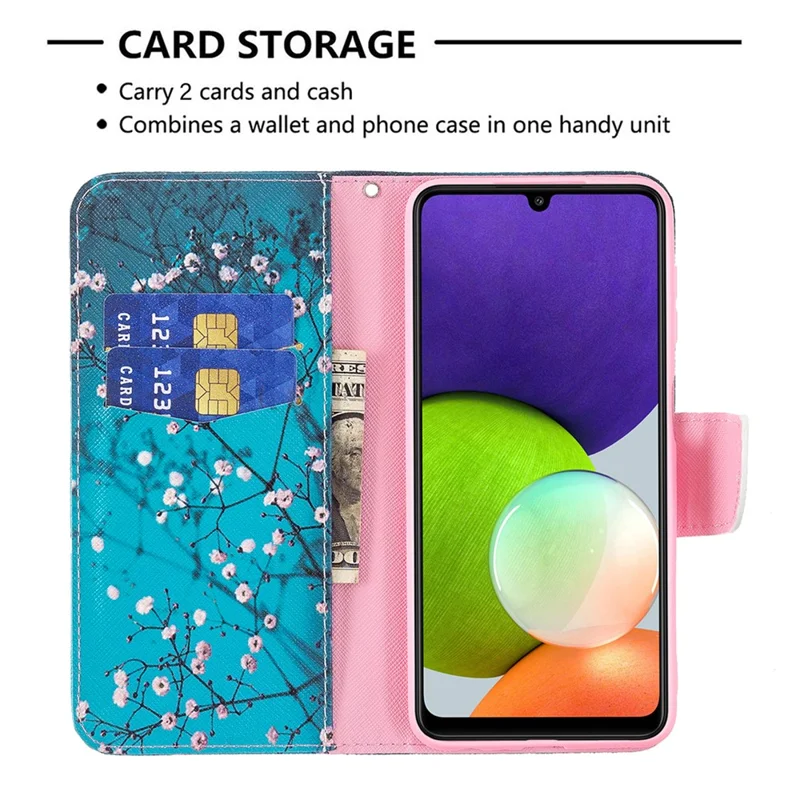 Wallet Stand Pattern Printing PU Leather Protective Phone Case Cover for Samsung Galaxy A22 4G (EU Version) - Plum Blossom