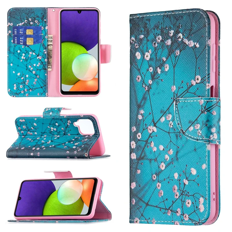 Wallet Stand Pattern Printing PU Leather Protective Phone Case Cover for Samsung Galaxy A22 4G (EU Version) - Plum Blossom