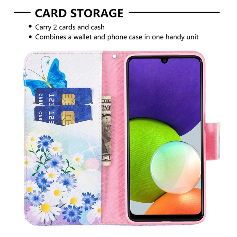 Wallet Stand Pattern Printing PU Leather Protective Phone Case Cover for Samsung Galaxy A22 4G (EU Version) - Butterfly and Flower
