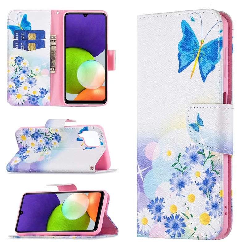 Wallet Stand Pattern Printing PU Leather Protective Phone Case Cover for Samsung Galaxy A22 4G (EU Version) - Butterfly and Flower