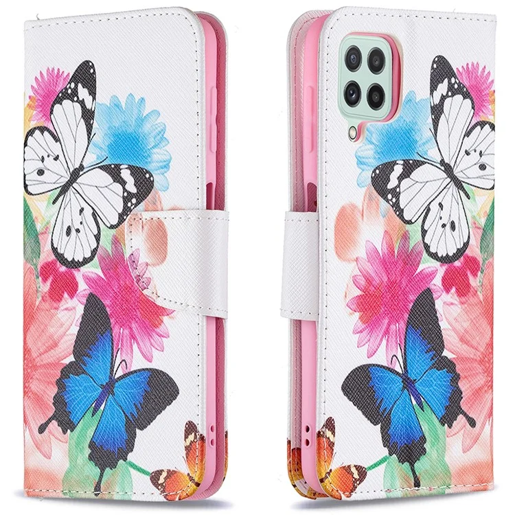 Étui de protection pour téléphone portable en cuir PU avec impression de motif et support pour Samsung Galaxy A22 4G (version européenne) - Deux papillons