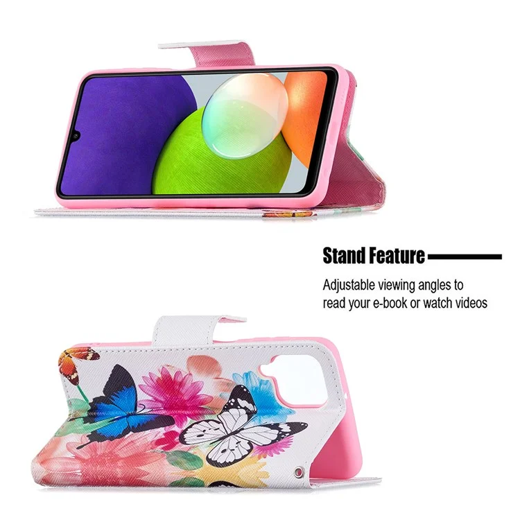 Étui de protection pour téléphone portable en cuir PU avec impression de motif et support pour Samsung Galaxy A22 4G (version européenne) - Deux papillons