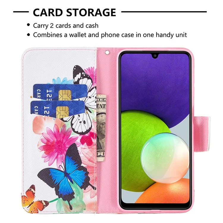 Étui de protection pour téléphone portable en cuir PU avec impression de motif et support pour Samsung Galaxy A22 4G (version européenne) - Deux papillons