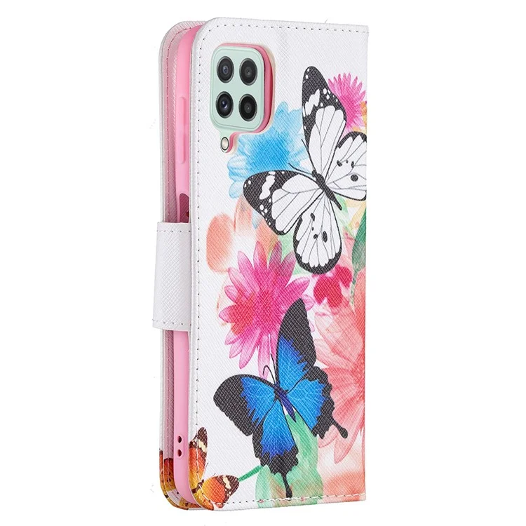 Étui de protection pour téléphone portable en cuir PU avec impression de motif et support pour Samsung Galaxy A22 4G (version européenne) - Deux papillons