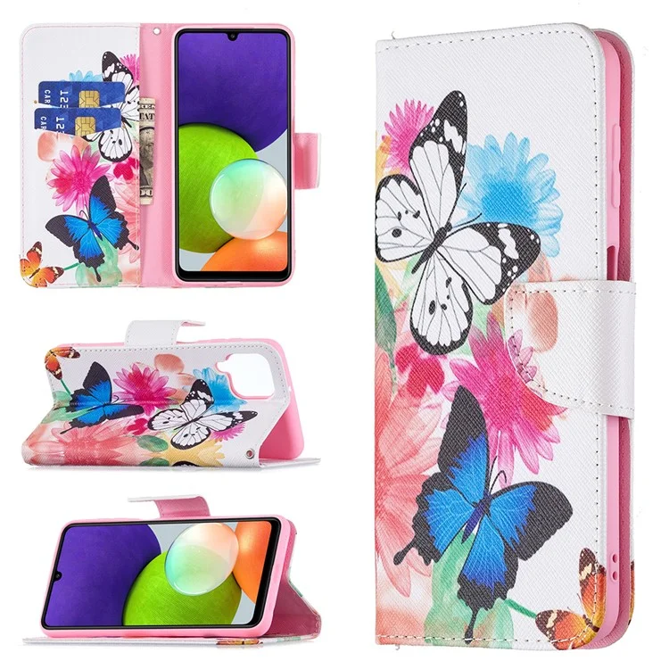 Étui de protection pour téléphone portable en cuir PU avec impression de motif et support pour Samsung Galaxy A22 4G (version européenne) - Deux papillons