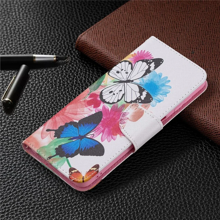 Étui de protection pour téléphone portable en cuir PU avec impression de motif et support pour Samsung Galaxy A22 4G (version européenne) - Deux papillons