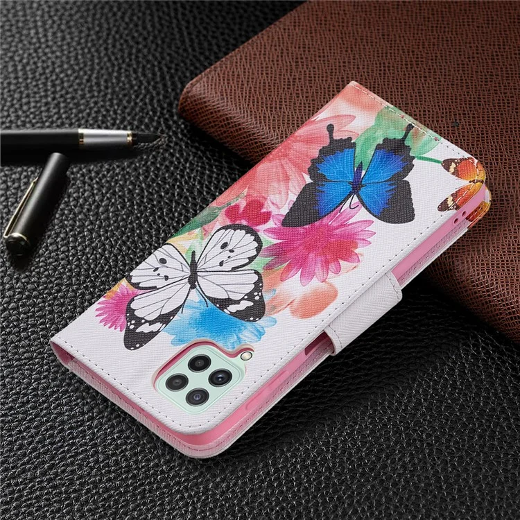 Étui de protection pour téléphone portable en cuir PU avec impression de motif et support pour Samsung Galaxy A22 4G (version européenne) - Deux papillons