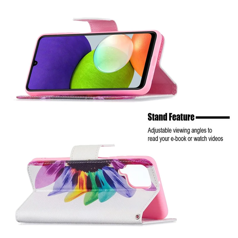 Wallet Stand Pattern Printing PU Leather Protective Phone Case Cover for Samsung Galaxy A22 4G (EU Version) - Sunflower