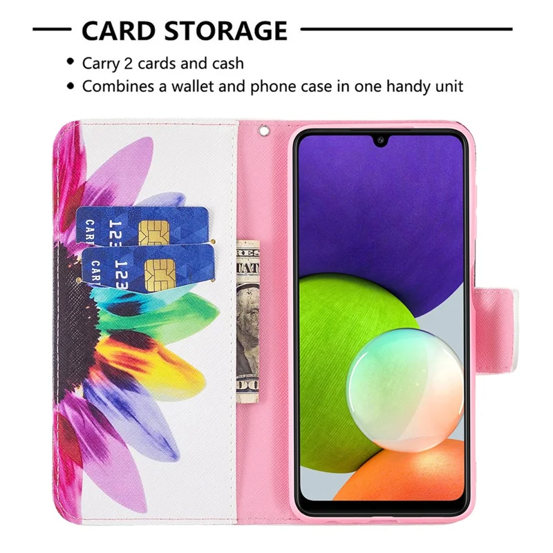Wallet Stand Pattern Printing PU Leather Protective Phone Case Cover for Samsung Galaxy A22 4G (EU Version) - Sunflower