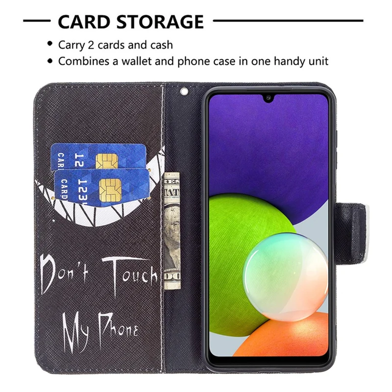 Wallet Stand Pattern Printing PU Leather Protective Phone Case Cover for Samsung Galaxy A22 4G (EU Version) - Don't Touch My Phone