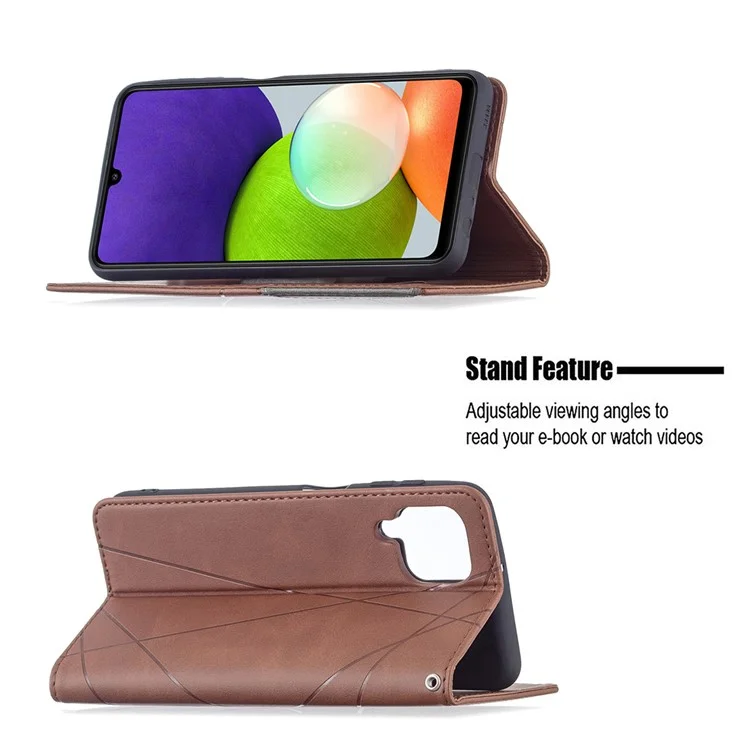 Custodia in pelle con supporto e slot per schede di credito a forma di rombo, progettata per Samsung Galaxy A22 4G (versione EU) - Marrone