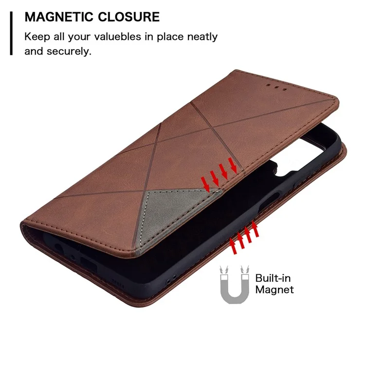 Custodia in pelle con supporto e slot per schede di credito a forma di rombo, progettata per Samsung Galaxy A22 4G (versione EU) - Marrone