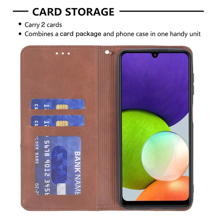 Custodia in pelle con supporto e slot per schede di credito a forma di rombo, progettata per Samsung Galaxy A22 4G (versione EU) - Marrone