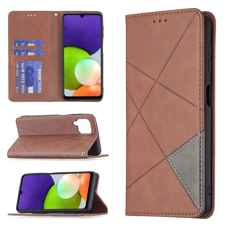 Custodia in pelle con supporto e slot per schede di credito a forma di rombo, progettata per Samsung Galaxy A22 4G (versione EU) - Marrone