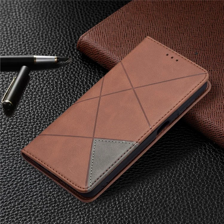 Custodia in pelle con supporto e slot per schede di credito a forma di rombo, progettata per Samsung Galaxy A22 4G (versione EU) - Marrone