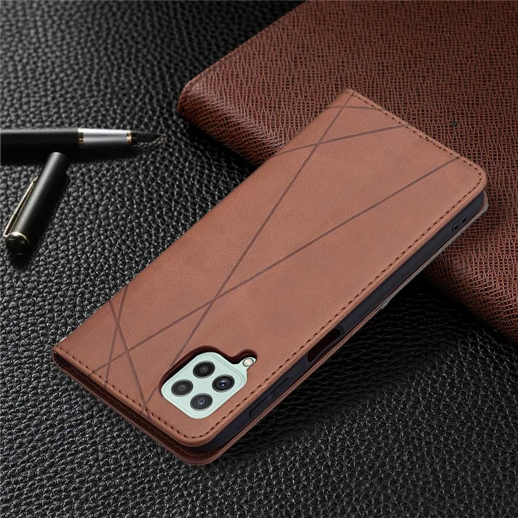 Custodia in pelle con supporto e slot per schede di credito a forma di rombo, progettata per Samsung Galaxy A22 4G (versione EU) - Marrone