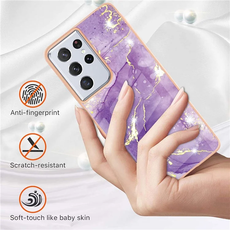 Marble Pattern Soft TPU Electroplating Edge Shock Absorption IMD Protective Case for Samsung Galaxy S21 Ultra 5G - Purple 002