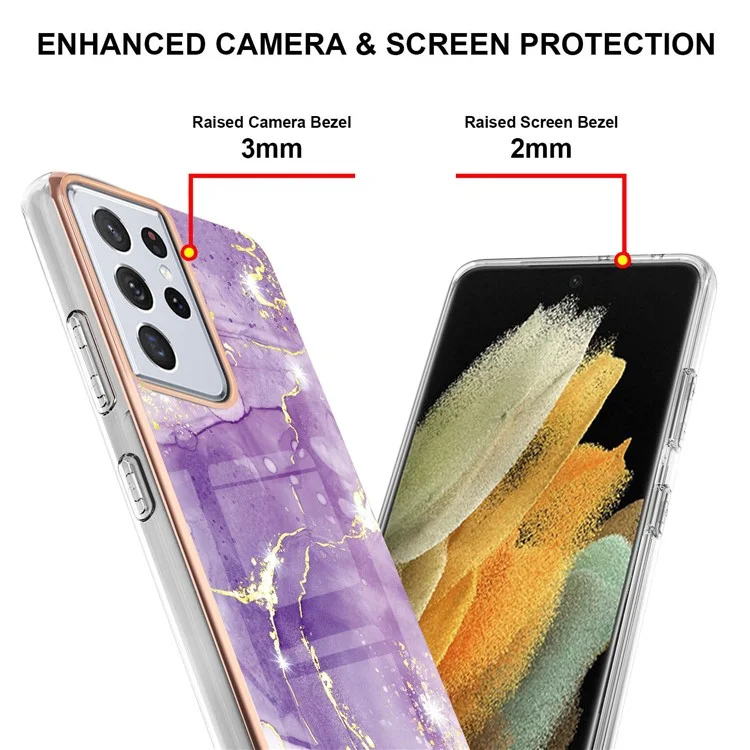 Marble Pattern Soft TPU Electroplating Edge Shock Absorption IMD Protective Case for Samsung Galaxy S21 Ultra 5G - Purple 002